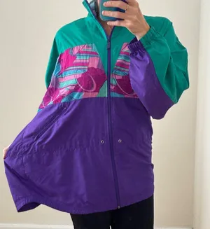 Vinatge 90s Reebok Windbreaker Cinch Waist Full Zip Green/Purple Abstract Design thumbnail 11