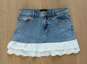 White Fox Run It Up Frill Denim Mini Skirt with Lace Size S in Blue White thumbnail 1