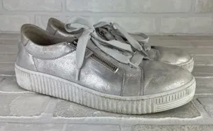 Gabor Platform Sneakers Womens 8 Silver Leather Metallic Lace Up Zip Comfort thumbnail 1