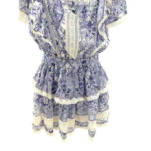 Olivaceous Floral Toile‎ Crochet Lace Tiered Ruffle Dress Cottagecore Small thumbnail 3