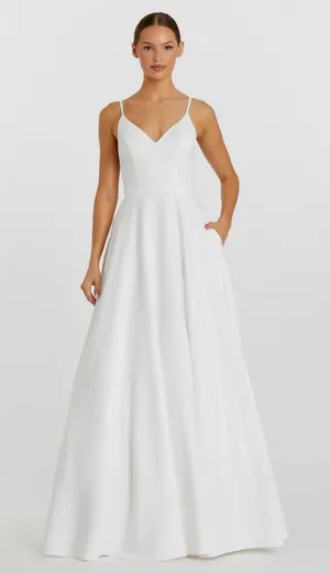 IEENA for Mac Duggal A-Line V-Neck Ball‎ Gown 4 White Bridal Wedding Minimalist thumbnail 1