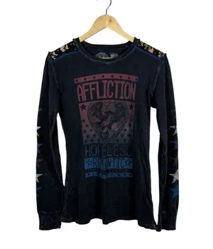 VINTAGE Y2K Affliction Breakdown American Thermal Graphic Top Grey/Blue/Red XS thumbnail 1