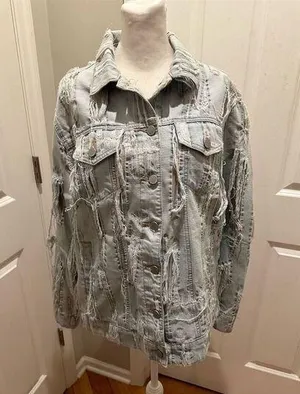 True Religion Women's Distressed Denim Jacket Blue Size M Casual Button Front thumbnail 1
