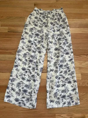 Abercrombie White Blue Tropical Print Linen Wide Leg Pants Small Beach Resort thumbnail 1
