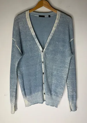 ATM Anthony Thomas Melillo Light Blue Acid Wash Ribbed V-Neck Cardigan Small thumbnail 1