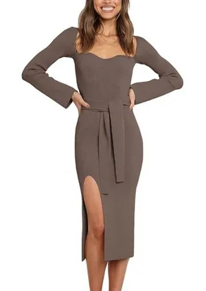 Lillusory Sweetheart Midi Long Sleeve Ribbed Dress in Nutmeg, Size S​​​​​ thumbnail 1
