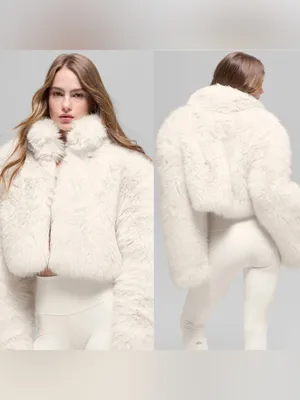 NWT Alo Yoga Opulent Faux Fur Cropped Jacket In Ivory Size Medium thumbnail 4