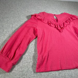 J. Crew Medium Womens Top Blouse Honeycomb Pattern Ruffle Neck Pink Puffy Sleeve thumbnail 8