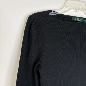 Lauren Ralph Lauren Black Ribbed Knit Long Sleeve Top M Silver Crest Button Cuff thumbnail 8