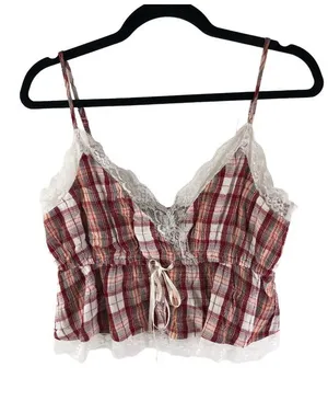American Eagle Womens Babydoll Red & White Plaid Crop Top Cami Lace Trim Size M thumbnail 1