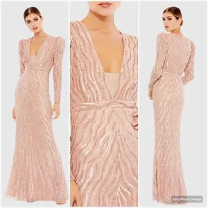 Mac Duggal Pink Size 8 Sequin Beaded Plunge Neck Long Sleeve Trumpet Gown Dress thumbnail 2