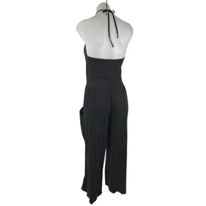 Oak + Fort Women's Black Sleeveless Halter Wide Leg Pockets Romper Jumpsuit Sz L thumbnail 3