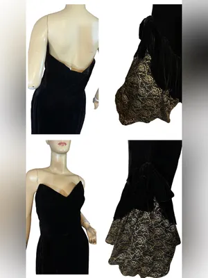 Vintage 1980'S Black Velvet Strapless Mermaid Dress W/Gold Lace Train (M) thumbnail 8