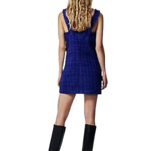 Zara - NWT Blue Tweed Jeweled Mini Dress Pinafore Sz XL thumbnail 2