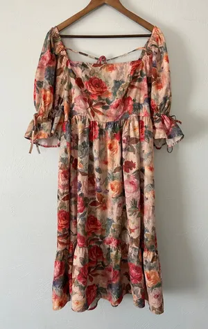 Peach and Pink Floral puff sleeve Midi Dress w Bows thumbnail 1