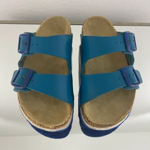 Birkenstock Two Tone Blue Leather Arizona Dual Strap Summer Slip On Sandals thumbnail 6
