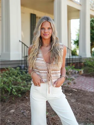Charleston Stroll Top - Striped Crochet Tie-Front Camisole in Beige and Cream thumbnail 2
