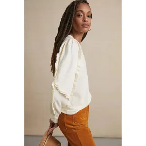 Pilcro Elsa Ruffled Top Women M Off-White Excellent Ruffle Sleeve Slub Knit thumbnail 10