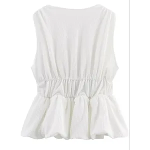 NEW White V Neck Sleeveless Bow Plisse Shirt Tank Top thumbnail 2