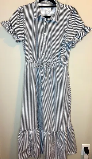 J.Crew Factory 14 Blue White Striped Ruffle Sleeve Midi Shirt Dress CK548 thumbnail 1
