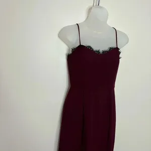 Wayf The Mia Lace Trim Front Slit Gown In Cabernet red burgundy black size XS thumbnail 7