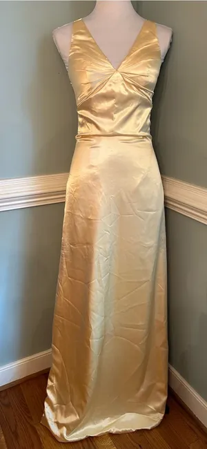 Elegant Satin V-Neck Evening Gown in Pale yellow Gold size 2 thumbnail 1