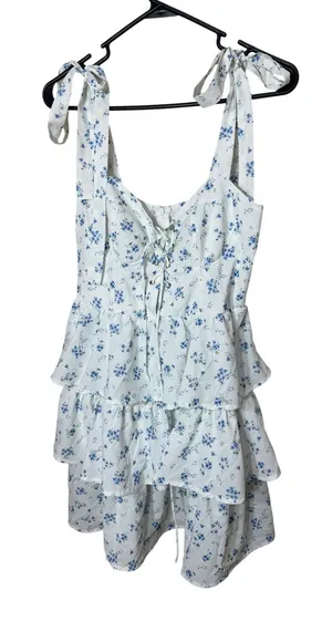Cider‎ Blue Floral Tiered Mini Dress White Lace Up Corset Tie Shoulder Medium thumbnail 1