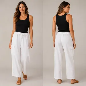 Vintage Y2K Mossimo Linen Wide Leg Cargo Pants White Drawstring Women's Small thumbnail 2