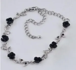 Source Unknown Silver and Black Rose W Colored Rhinestone Leaves Ankle Bracelet thumbnail 1