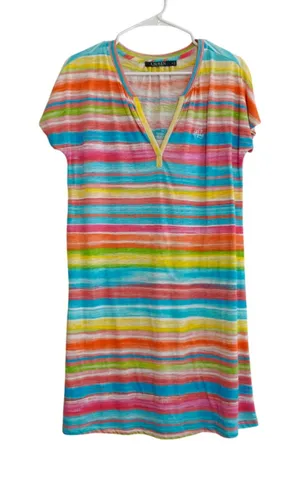 Lauren Ralph Lauren Striped Cotton Shift Dress Multi Color V-Neck‎ Embroidered thumbnail 1