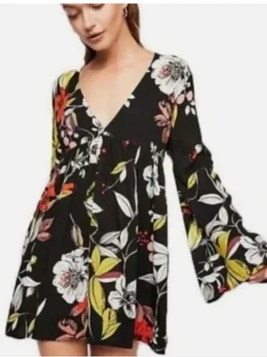 Free People Bella Floral Tunic / Mini Dress Bell Sleeves Womens size M Boho thumbnail 1