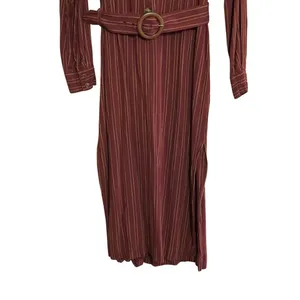 Free People Burgundy Pinstripe Belted Midi Shirt Dress Maroon‎ Academia Boho thumbnail 3
