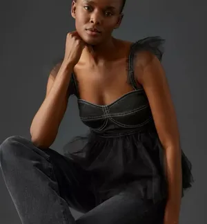 Anthropologie Pilcro Tulle Denim Peplum Top thumbnail 1