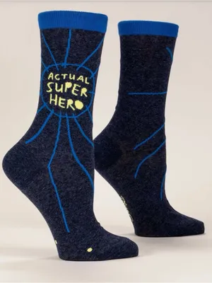 Blue Q Navy Crew Socks with Yellow 'Actual Super Hero' Text thumbnail 3