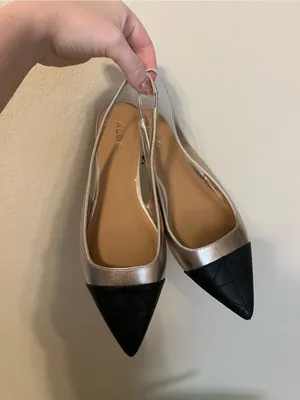 Aldo Black Pointed Toe Metallic Gold Slingback Flats thumbnail 5