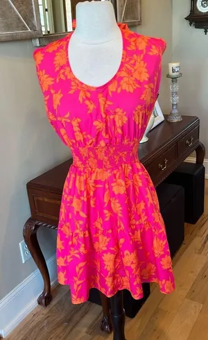 Colorful Festive Neon Pink Orange Flirty Mini Dress thumbnail 1