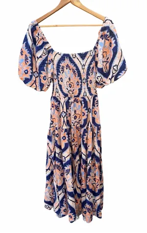 Moon River Navy and Peach Floral Puff-Sleeve Midi Dress thumbnail 1