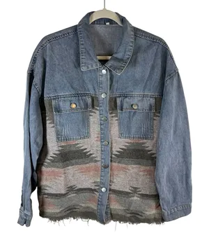 Womens XL‎ Southwestern Aztec Woven Denim Jacket Mixed Media Frayed Hem Blue thumbnail 1