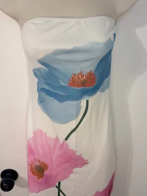 Strapless Mini Dress White Blue Pink Poppy Floral Stretch Size M No Tag thumbnail 4
