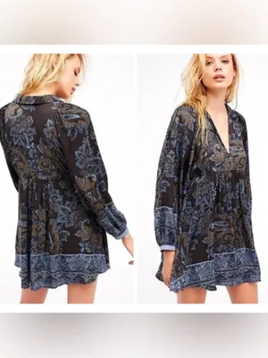 Free People Say You Love Me Paisley Silky Mini Tunic Dress S thumbnail 2