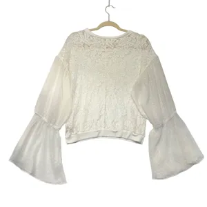 Free People White Floral Lace Swiss Dot Bell Sleeve Blouse‎ Top Ivory Medium thumbnail 6