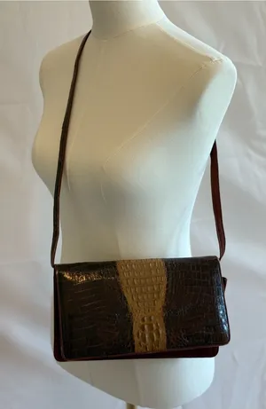 Classic Croc-Texture Crossbody Bag in Brown and Tan thumbnail 1