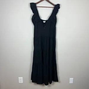 Jason Wu‎ Maxi Dress Womens Large Black Tiered Linen Blend Pleated A-Line L FLAW thumbnail 14