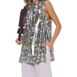 Ganni Floral print silk blend Metallic top Olive Green size 6 thumbnail 4