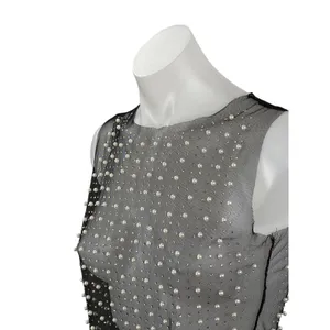 Women's Black Mesh Sheer Beaded Rhinestone Pearl Cami Tank Crop Top Size S thumbnail 2