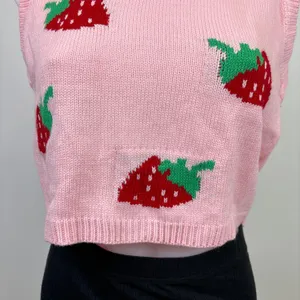 Shein Women Pink Strawberry Print Knit Crew Neck Crop Sleeveless Vest Sweater S thumbnail 4
