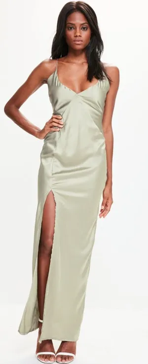 Missguided Satin Slip Dress High Side Slit Size 6 Olive/Kiwi Green thumbnail 1