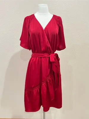 Maurices Deep Red Semi Satin Faux Wrap Ruffle Midi Dress Size Medium thumbnail 7