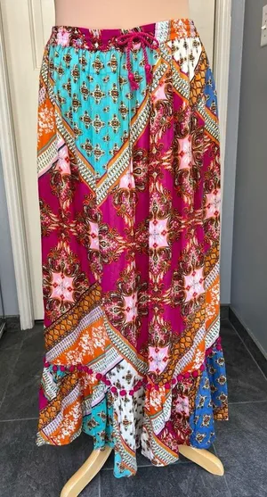 RD + KoKo Anthropologie Pink Floral Patchwork Ruffle Maxi Skirt Size Medium Boho thumbnail 1