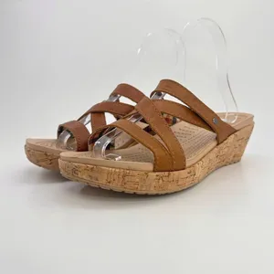 Crocs A-Leigh Leather Cork Wedge Sandals Brown Strappy Slip On Womens 8 Comfort thumbnail 2